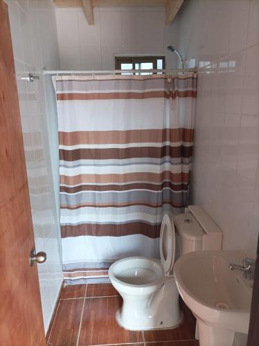 a bathroom with a toilet and a shower curtain at Cabaña Pelluhue in Pelluhue
