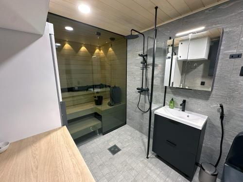 a bathroom with a shower and a sink and a shower at Yläkasi in Kittilä