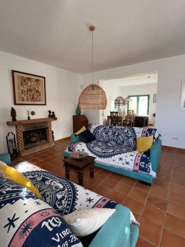 a living room with a couch and a fireplace at Villa Turquesa in Zahora