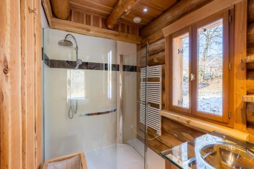 La salle de bains est pourvue d'une douche et d'un lavabo. dans l'établissement Chalet l'Epicurien - Au calme avec grand jardin, à Saint-Martin-du-Puy