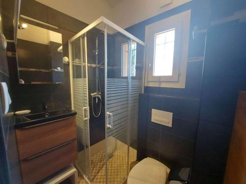 uma casa de banho com uma cabina de duche em vidro e um WC. em Maison Marseillan-Plage, 3 pièces, 6 personnes - FR-1-326-693 em Marseillan