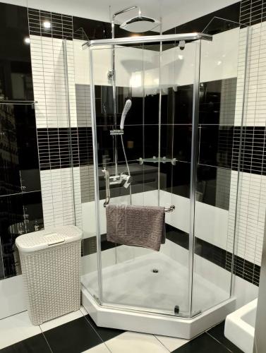 a bathroom with a glass shower with a towel at Apartment at Kvitka Polonyny in Solochin