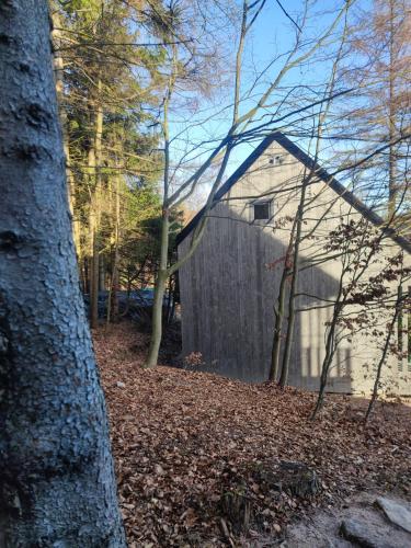 a house with a fence next to a yard at Slow Huts in Miedzygorze