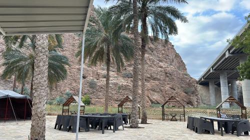 a group of tables and palm trees in front of a mountain at Atlas Wadi Shab in Sur