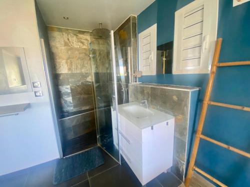 La salle de bains est pourvue d'un lavabo et d'une douche. dans l'établissement Duplex Ti Rooftop spa et vue mer, à Saint-Leu