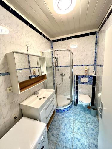 a bathroom with a shower and a sink and a toilet at Häuschen für Monteure, Autobahn in Bruck an der Mur