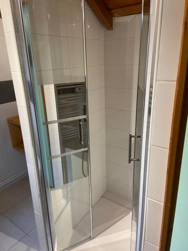 La salle de bains est pourvue d'une douche avec une porte en verre. dans l'établissement L'imprévu, à Vaulnaveys-le-Bas