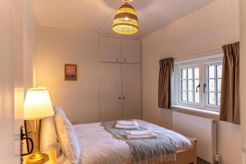 a bedroom with a bed with a lamp and a window at Skylark Cottage at Seven Sisters in West Dean