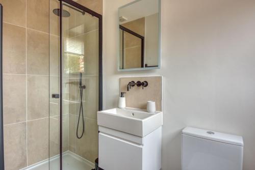 a bathroom with a toilet and a sink and a shower at Downs in Blewbury