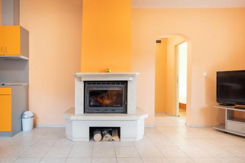 a fireplace in a living room with orange walls at Вили Тихия Кът in Ribarica