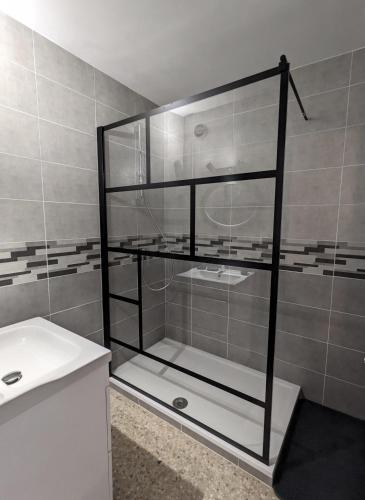 une salle de bain avec douche et lavabo dans l'établissement Golfe Juan grand 2 pièces proche plage et Cannes, à Vallauris