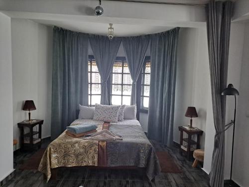 een slaapkamer met een bed met blauwe gordijnen en een raam bij Gnezdo Studio Apart in Shipka