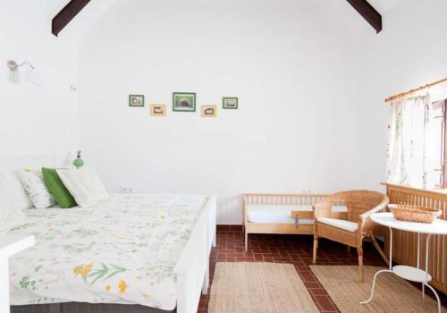 um quarto branco com uma cama e uma cadeira em Reethouse Nature Resort - Pool Sauna Swimming pond em Kiskunmajsa