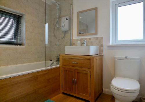 y baño con aseo, lavabo y ducha. en Port View House en Cardiff