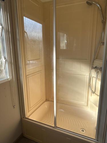 a shower with a glass door in a bathroom at Stacaravan aan de Maas in Op-Andel