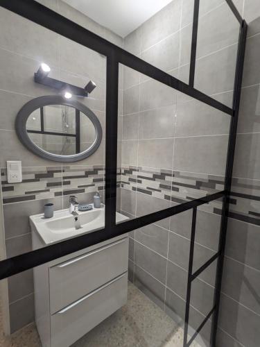 une salle de bain avec un lavabo et un miroir dans l'établissement Golfe Juan grand 2 pièces proche plage et Cannes, à Vallauris