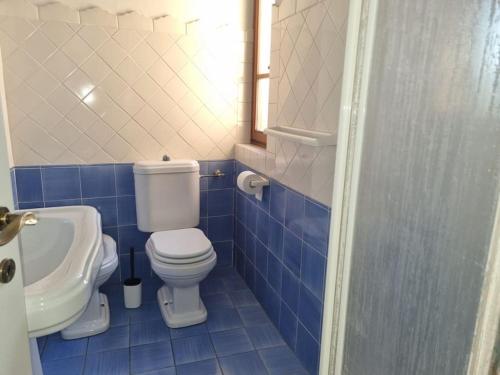 a blue tiled bathroom with a toilet and a sink at * Apartment in Barga Old Town with amazing views in Barga