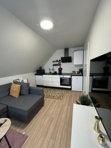 a living room with a couch and a kitchen at The Nightingale - Top-equipped house in Odense - Free Parking in Odense
