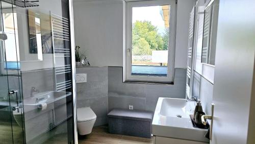 a bathroom with a sink and a toilet and a window at Ferienhaus "Lori" in Marlow