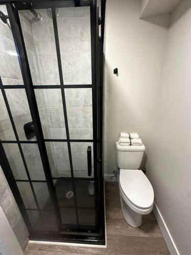 a bathroom with a toilet and a glass shower at Quaint Queen Suite Central HFX in Halifax