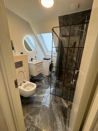 a bathroom with a toilet and a sink and a shower at The Nightingale - Top-equipped house in Odense - Free Parking in Odense