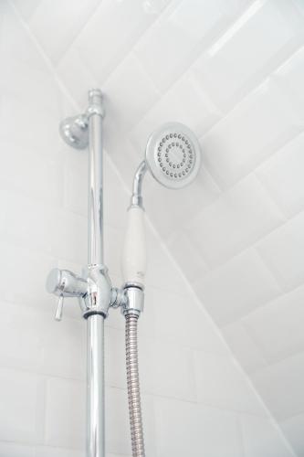 une douche avec pommeau de douche dans une salle de bain dans l'établissement Charmante Mezzanine - Lamartine, à Tours