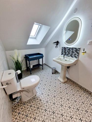 une salle de bain avec toilettes, lavabo et miroir dans l'établissement Le Colombier, à Laon