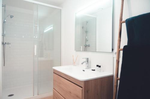 une salle de bain avec un lavabo et une douche dans l'établissement Logement calme, proche Plumereau, à Tours