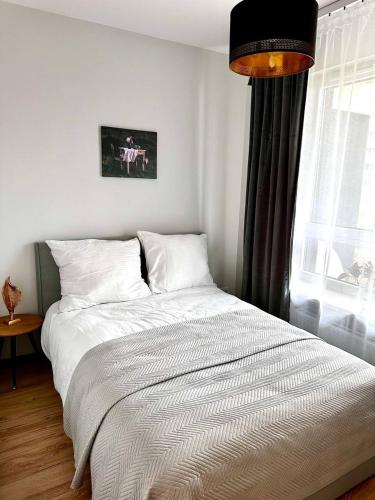 Un pat sau paturi într-o cameră la Apartament Jutrzenki