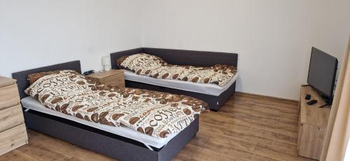 Habitación con 2 camas y TV. en Apartament Słoneczny en Kostrzyn nad Odrą