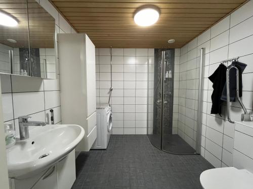 a bathroom with a shower and a sink and a toilet at Tilava huoneisto in Lahti