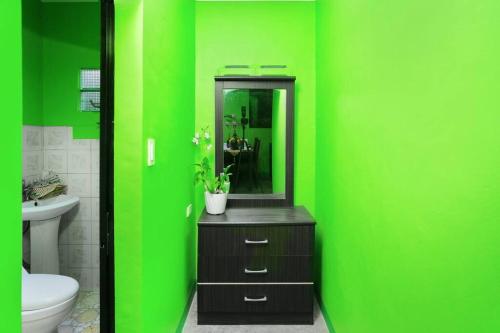 Baño verde con aseo y espejo en Golden V Executive Homes Unit G, en Malolos
