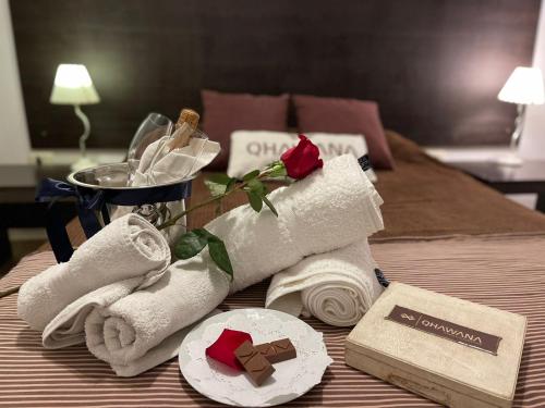 a hotel room with towels and a rose on a bed at QHAWANA CABAÑAS & SUITES in La Rioja