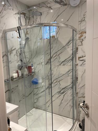 a shower with a glass door in a bathroom at Rose in Croydon