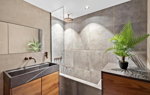 a bathroom with a sink and a shower with a plant at 1 Bedroom Beautiful Home In Helsingr in Helsingør