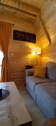 a living room with a couch in a log cabin at Planinska kuća Stašević in Mitrovac
