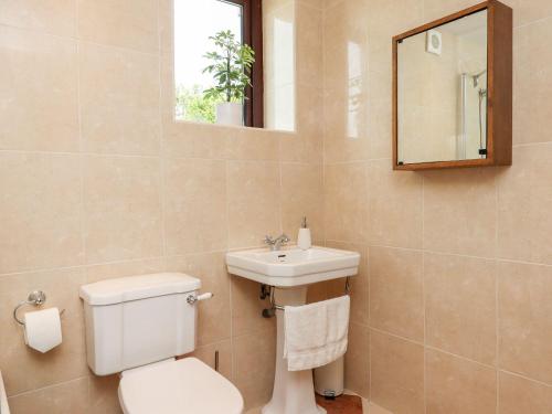 a bathroom with a toilet and a sink and a mirror at Nempnett Farmhouse in Bristol