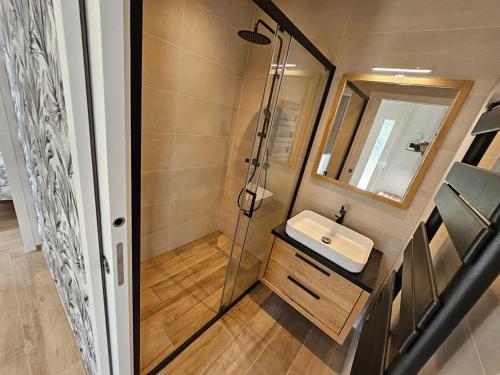 a bathroom with a sink and a shower at Jolie maison entierement renovee proche centre vil in Panazol