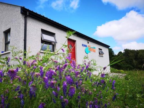 a house with a red door and purple flowers at Glamping Pod Thady Killynick County Fermanagh in Enniskillen