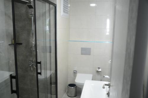 La salle de bains est pourvue de toilettes et d'une douche en verre. dans l'établissement BY KARAM SUİT, à Istanbul
