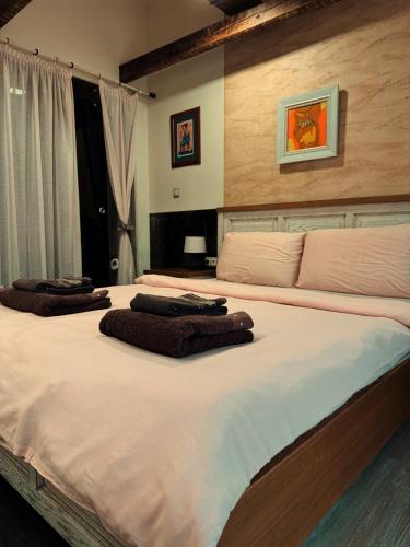 1 dormitorio con 2 camas con almohadas marrones en Boutique Guest House Yes For You en Plovdiv