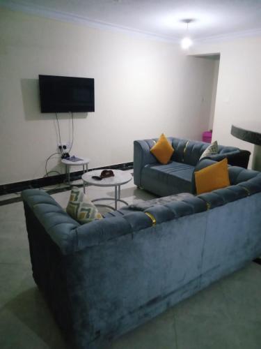 un salon avec un canapé bleu et une télévision dans l'établissement Lizzy B Classic Apartments, à Mombasa