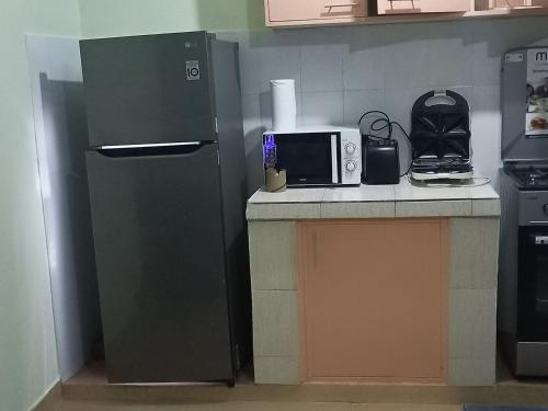 La cuisine est équipée d'un four micro-ondes et d'un réfrigérateur. dans l'établissement Lizzy B Classic Apartments, à Mombasa