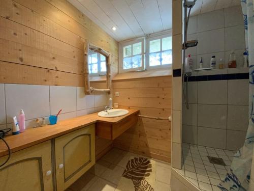 une salle de bain avec un lavabo et une douche dans l'établissement 659 - Charmante maison en pierres, dans le centre d'Erquy,, à Erquy