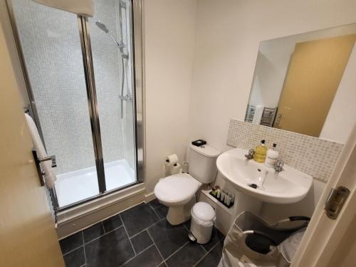 a bathroom with a toilet and a sink and a shower at Garland Central City Apartment London 2 in London