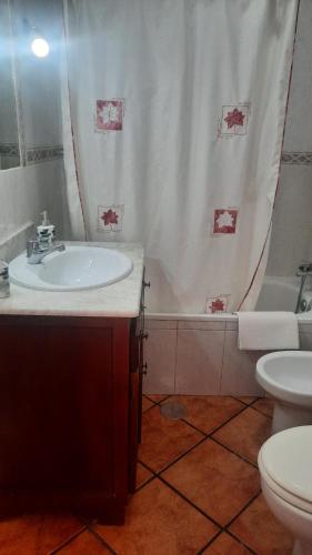 a bathroom with a sink and a toilet and a shower curtain at La sierra in Algar