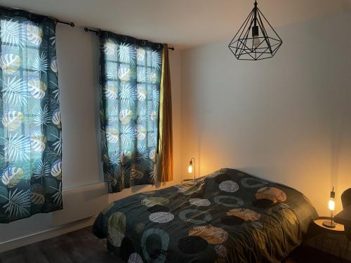 een slaapkamer met een bed en 2 grote ramen bij Joli studio en cœur de ville in Limoges