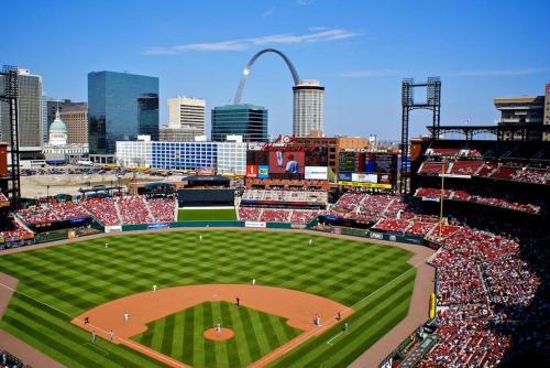 an aerial view of a baseball game in a stadium at St Louis House near Arch and Ballpark Village in Soulard