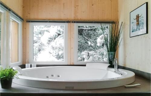 トゥルラッハー・ヘーエにあるAwesome Home In Turrach With 5 Bedrooms And Saunaの窓2つ付きの客室で、大きな白いバスタブが備わります。