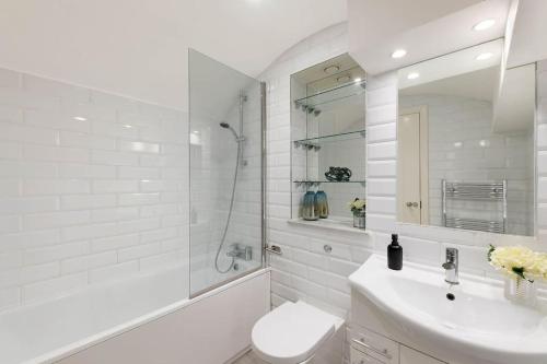 a bathroom with a toilet and a sink and a shower at Beautiful Royal Borough Apartment in London